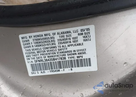 2005 Honda Odyssey Ex from USA, damaged, VIN 5FNRL38435B417838